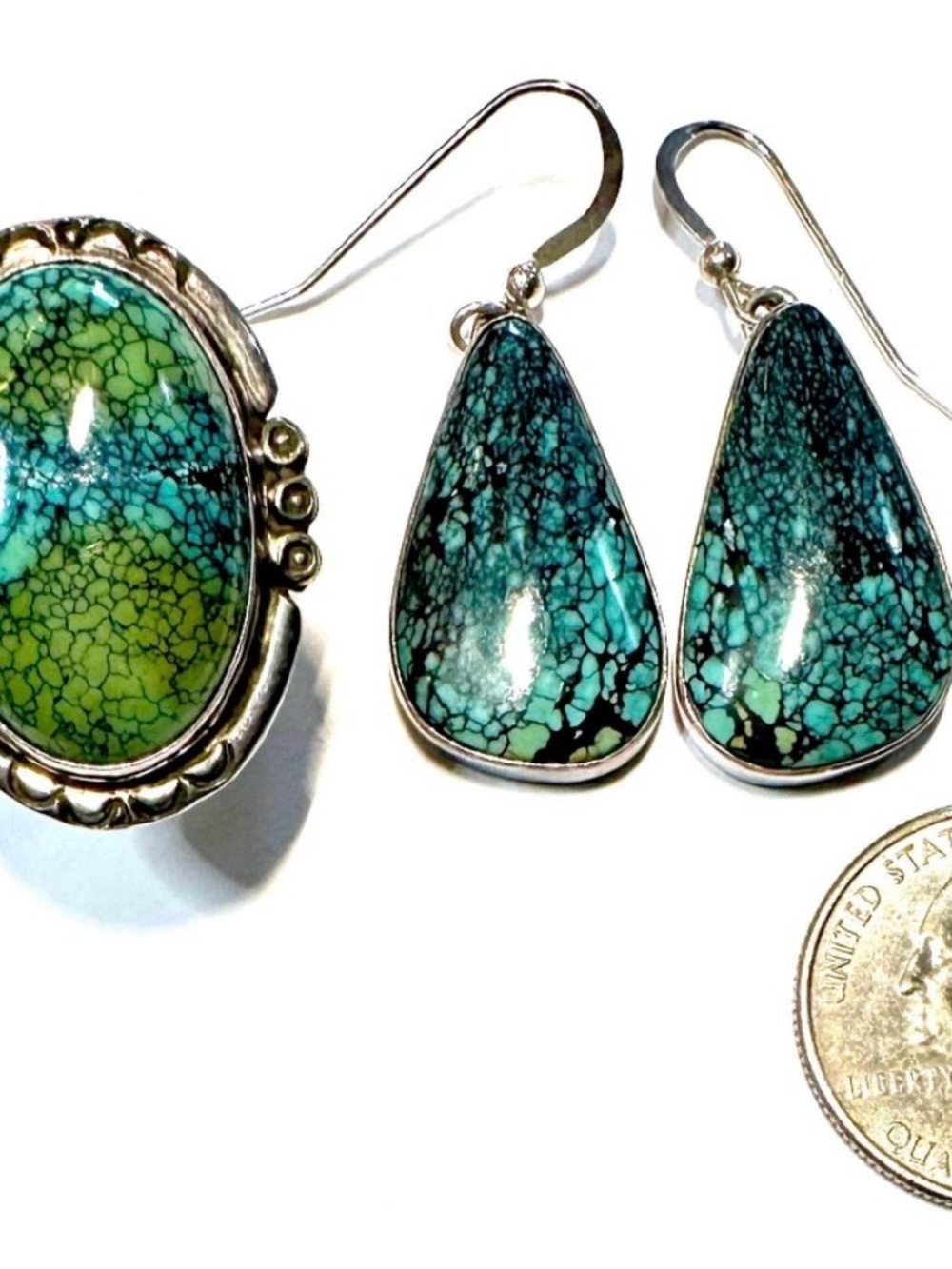 Gorgeous Set of Navajo Spiderweb Turquoise & Sterling Ring and Dangle E